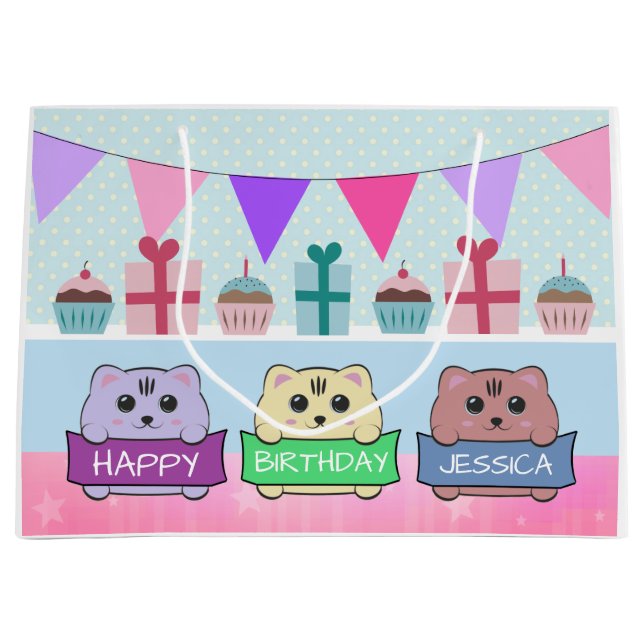 Sacola Para Presentes Grande Cute Kittens Personalised Happy Birthday (Frente)