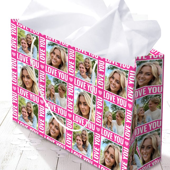 Sacola Para Presentes Grande Cute Love You 4 Photo Collage Pink Heart Modern (Criador carregado)