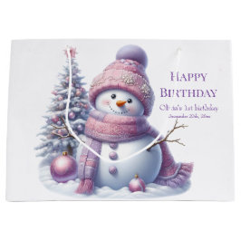 Sacola Para Presentes Grande Cute Pink Snowman Winter Birthday