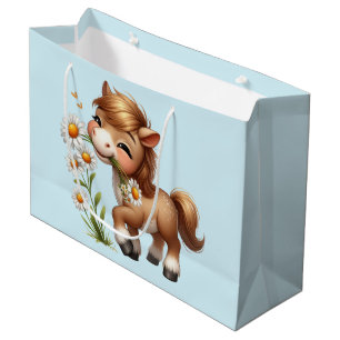 Sacola Para Presentes Grande Cute Pony Eating Daisies