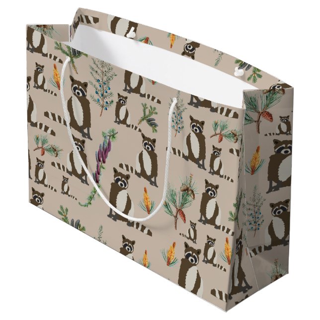 Sacola Para Presentes Grande Cute Raccoon em Pine Forest Pattern (Verso inclinado)