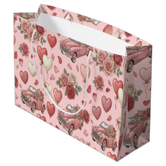 Sacola Para Presentes Grande Cute Vintage Pink Car & Heart Balloons Pattern