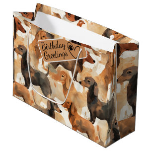 Sacola Para Presentes Grande Dachshund Cartoon Head, padrão sem costura