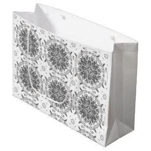 Sacola Para Presentes Grande Damasco de ornamento de folclore branco e cinza