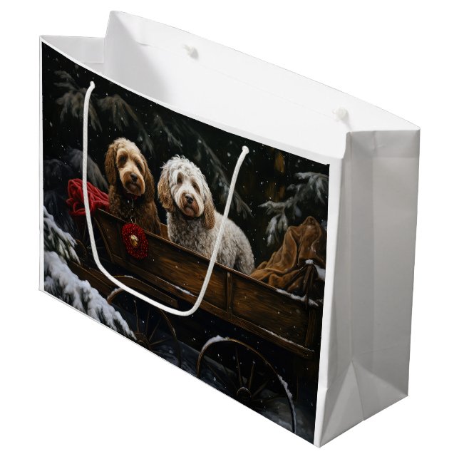 Sacola Para Presentes Grande Decado de Natal Cockapoo Snowy Sleigh (Frente inclinada)