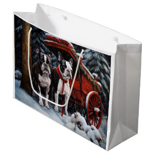 Sacola Para Presentes Grande Decado de Natal de Boston Terrier Snowy Sleigh