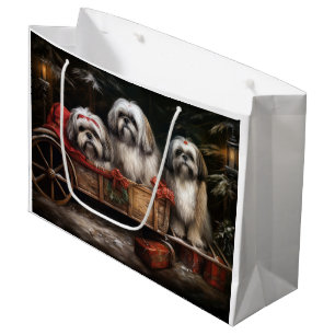 Sacola Para Presentes Grande Decoração de Natal de Lhasa Apso Snowy Sleigh