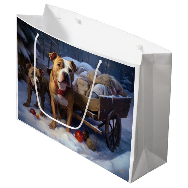 Sacola Para Presentes Grande Decoração de Natal Pitbull Snowy Sleigh (Frente inclinada)