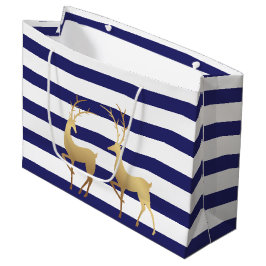 Sacola Para Presentes Grande Deep Blue Strips Dourado Moderno