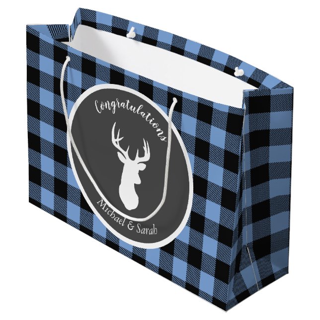 Sacola Para Presentes Grande Deer Hunting Lodge Chá de fraldas Antlers Boy Blue (Verso inclinado)