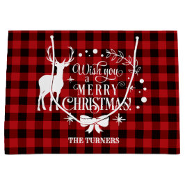 Sacola Para Presentes Grande Desejo-Te Feliz Natal Monograma de Buffalo Vermelh