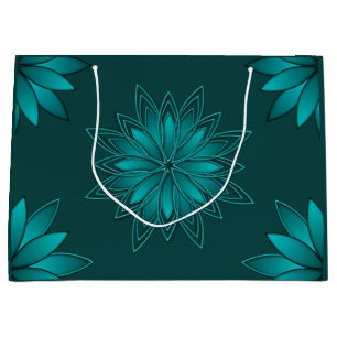 Sacola Para Presentes Grande Desenho de Mandala de Folha Verde-azulado em Ciano