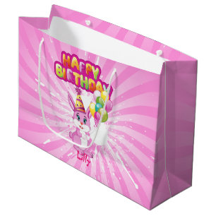 Sacola Para Presentes Grande Desenhos animados cor-de-rosa do aniversário do