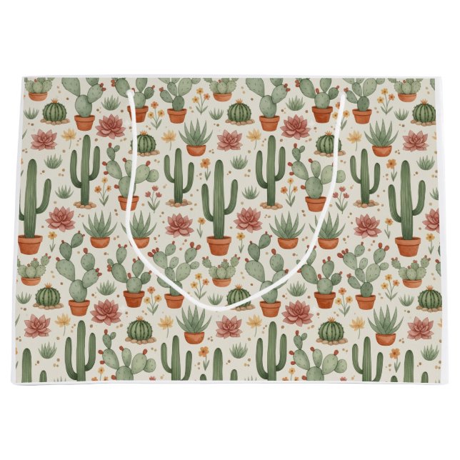 Sacola Para Presentes Grande Desert Cacti Succulent Seamless Pattern (Frente)