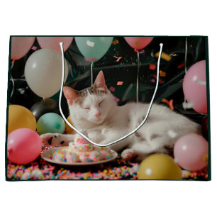 Sacola Para Presentes Grande Design de Celebração de Aniversário de Gato Adoráv