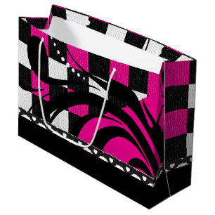Sacola Para Presentes Grande Design de espiral verificada   Preto, Branco e Ros