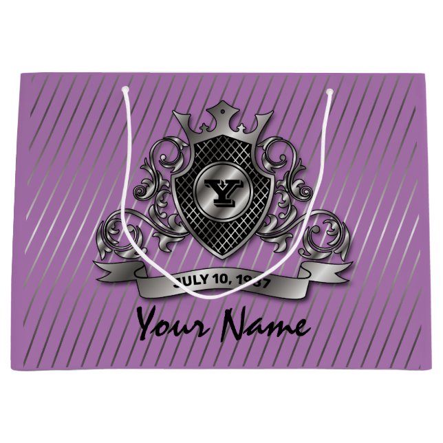 Sacola Para Presentes Grande Design de Monograma Elegante Personalizado Prata (Frente)