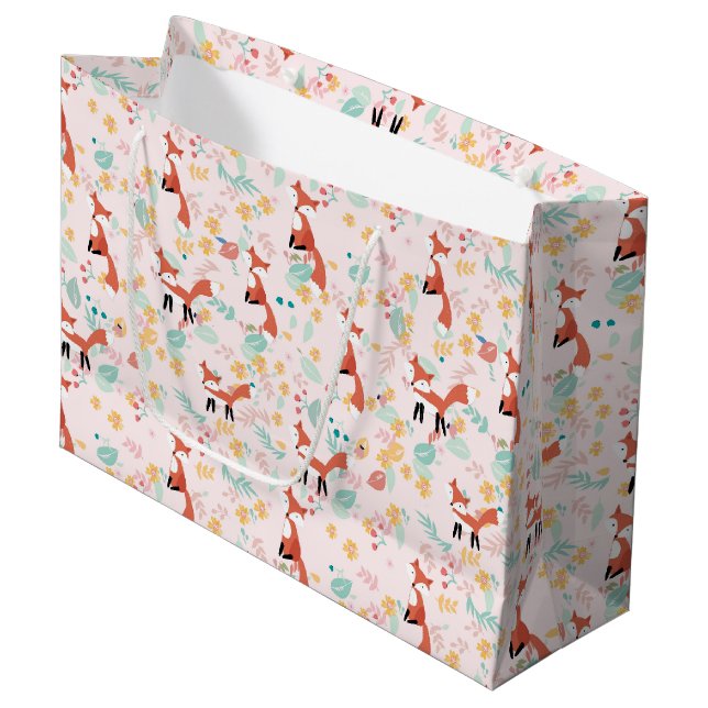 Sacola Para Presentes Grande Design Floral Rosa de Raposa Fofa (Frente inclinada)
