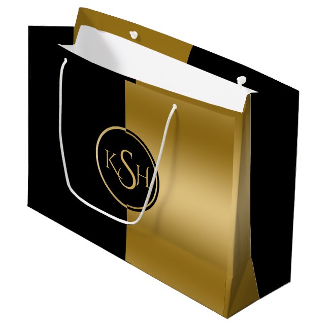 Sacola Para Presentes Grande Design Geométrico Dourado e Preto Moderno (Frente inclinada)