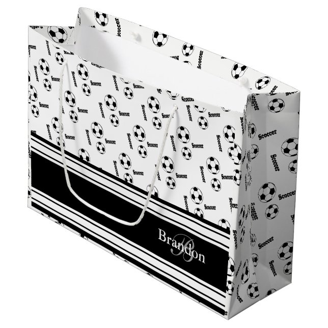 Sacola Para Presentes Grande Design preto e branco da bola de futebol (Frente inclinada)