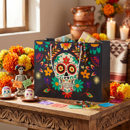 Sacola Para Presentes Grande Dia de los Muertos Caveira de Açúcar Floral Preto