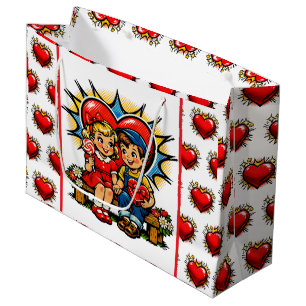 Sacola Para Presentes Grande Dia dos Namorados Arte Pop Retro Menino e Menina