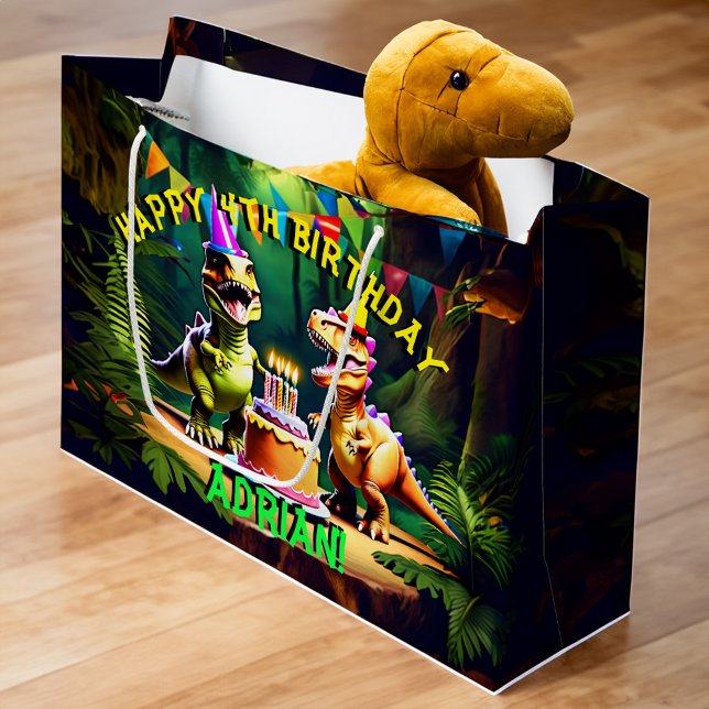 Sacola Para Presentes Grande Dino quatro feliz aniversário de dinossauros (Dino four dinosaur happy birthday large gift bag personalized dinosaur gift bag dinosaur party gifts)
