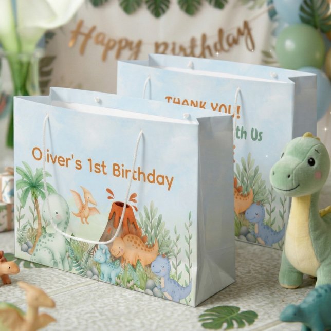 Sacola Para Presentes Grande Dinosaur One-A-Saurus 1º Aniversário (One-A-Saurus Dinosaur 1st Birthday Gift Bag)