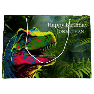Sacola Para Presentes Grande Dinossaur Pink Jungle Feliz Aniversário