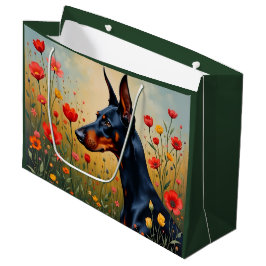 Sacola Para Presentes Grande Dobermann num campo de flores 