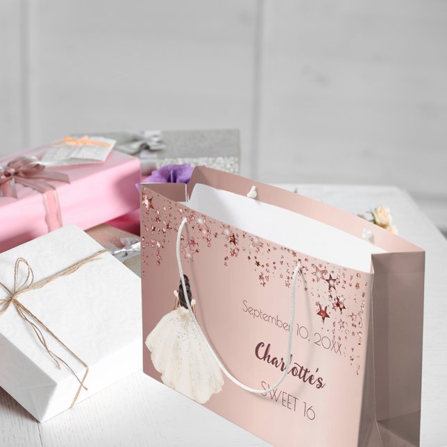 Sacola Para Presentes Grande Doce, 16 estrelas de ouro rosa, vestido de marfim (Criador carregado)