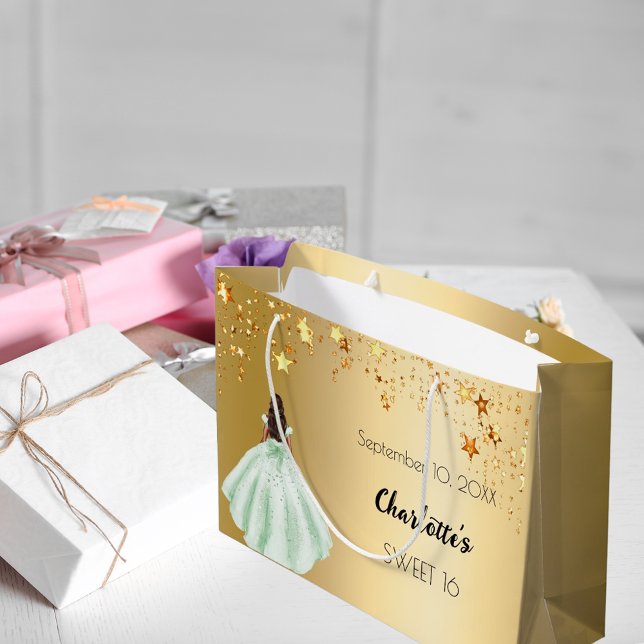 Sacola Para Presentes Grande Doce 16 estrelas douradas vestido verde (Criador carregado)