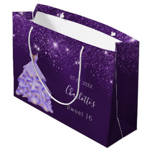 Sacola Para Presentes Grande Doce 16 pó de brilho roxo Nome do vestido