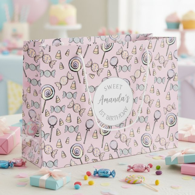 Sacola Para Presentes Grande Doce Pequeno Tema De Um Docinho Primeiro Favor De  (Candy Sweet One 1st Birthday Pastel Pink Gift Bag. Cute Lollipop & Candy Halloween Kids Gift Wrap)