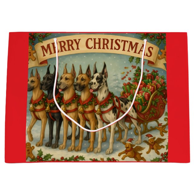 Sacola Para Presentes Grande Dogs Lead The Way of Santa's Sleigh. (Frente)