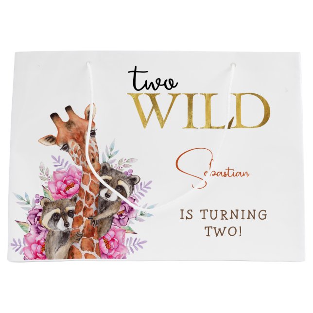 Sacola Para Presentes Grande Dois animais selvagens do safari aniversário de cr (Frente)