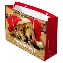 Sacola Para Presentes Grande Dois cães Ouros no Natal de Santa Hats