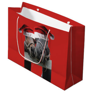 Sacola Para Presentes Grande Dois cavalos que beijam com chapéus de Papai Noel