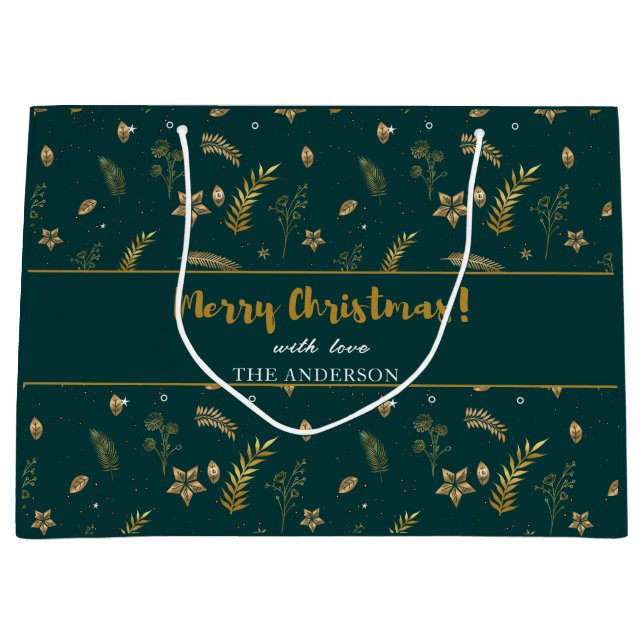 Sacola Para Presentes Grande Dourada Arca Verde Natal Legista Moderno (Frente)