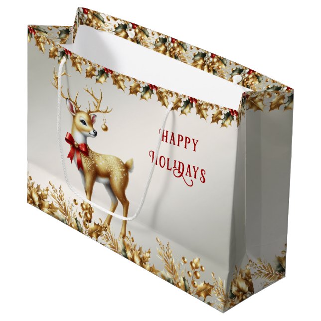 Sacola Para Presentes Grande Dourada Reindeer Holiday Bag Gift (Frente inclinada)