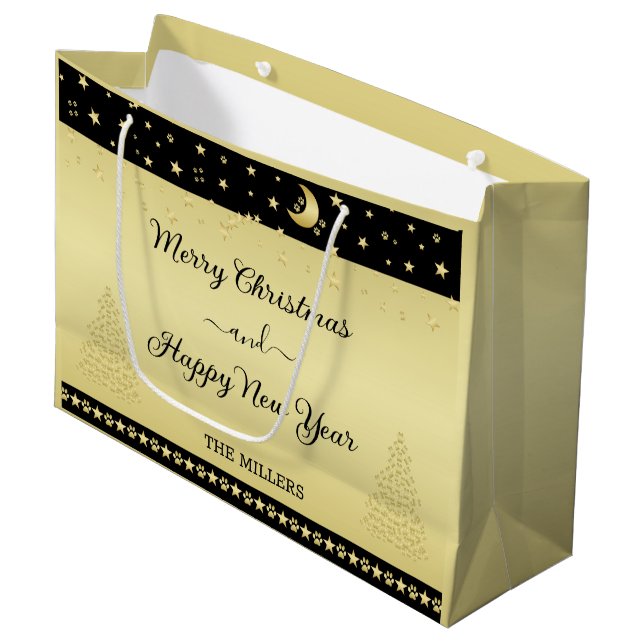 Sacola Para Presentes Grande Douradas estrelas brilhantes de Natal, patas em ou (Frente inclinada)