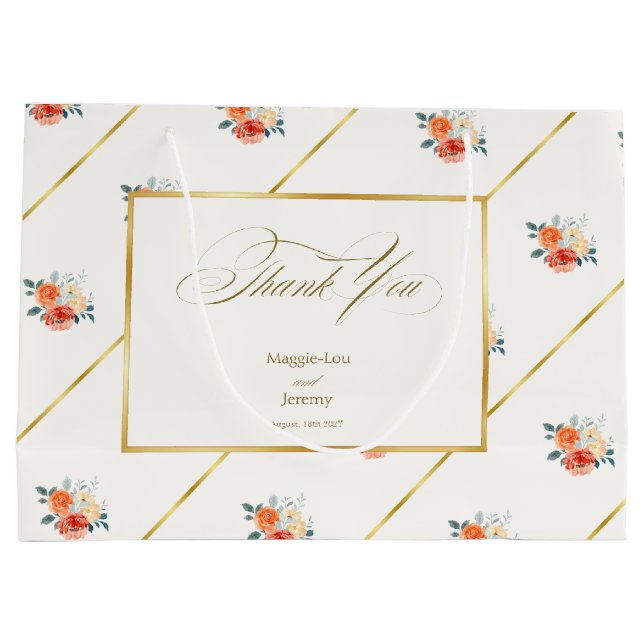 Sacola Para Presentes Grande Dourado Casamento Floral de Blush Elegante Obrigad (Verso)