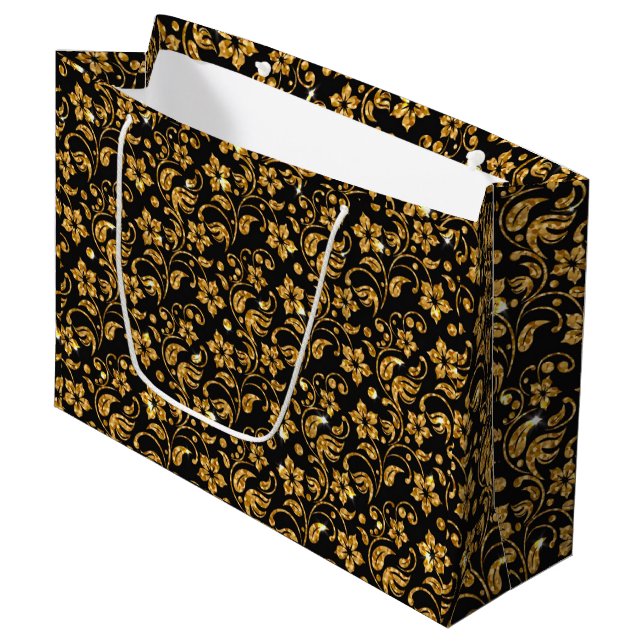 Sacola Para Presentes Grande Dourado Floral brilhante preto (Frente inclinada)