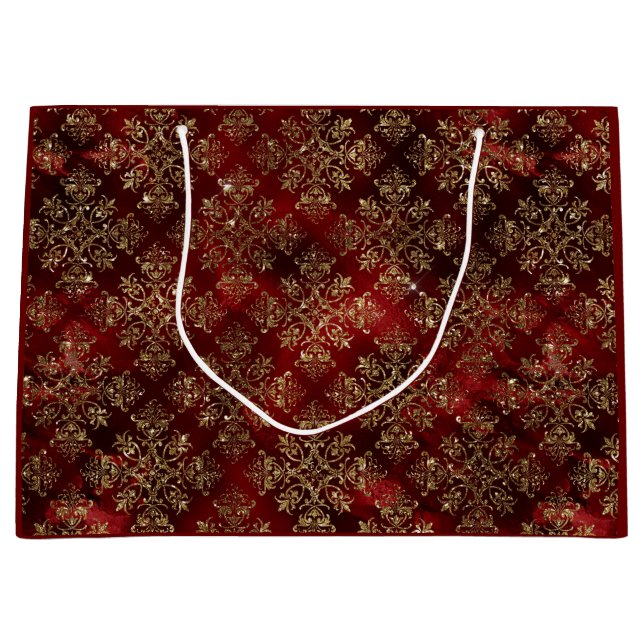 Sacola Para Presentes Grande Dourado Holiday Christmas Metallic Damask Elegant  (Frente)