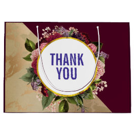 Sacola Para Presentes Grande Dourado padrão de mármore e Florais de borgonha Ob