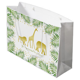 Sacola Para Presentes Grande Dourado Partido Verde dos Animais Safari Tropicais