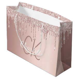 Sacola Para Presentes Grande Dourado rosa brilho goteja monograma elegante scri