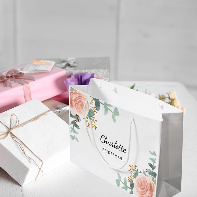 Sacola Para Presentes Grande dourado rosa floral, dançarino verde (Criador carregado)