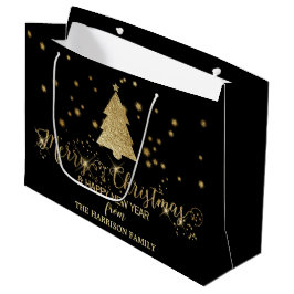 Sacola Para Presentes Grande Dourado Sparkles Feliz Árvore de Natal Preto