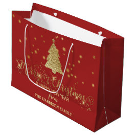 Sacola Para Presentes Grande Dourado Sparkles Feliz Árvore de Natal Vermelho